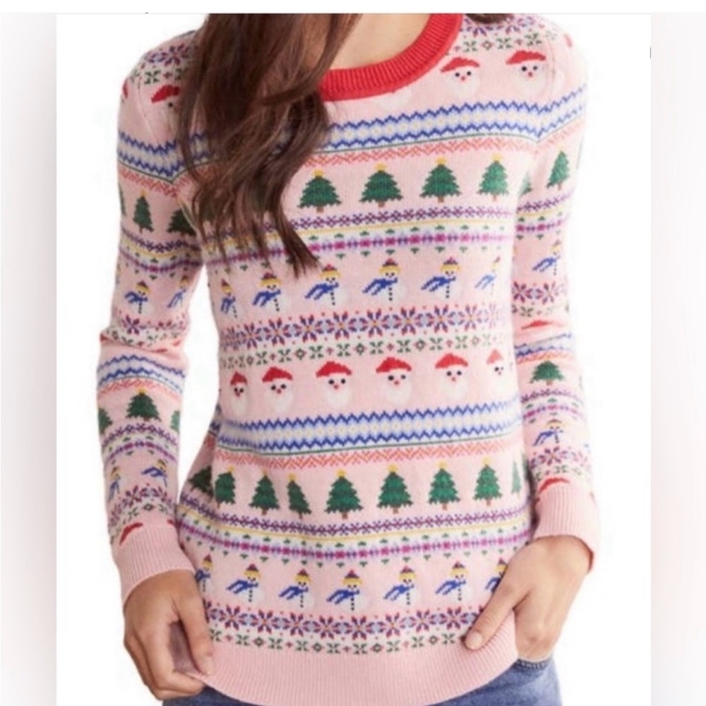 Boden Pink Fair Isle Santa Tree Skiers Women’s Holiday Sweater Size Medium, EUC
